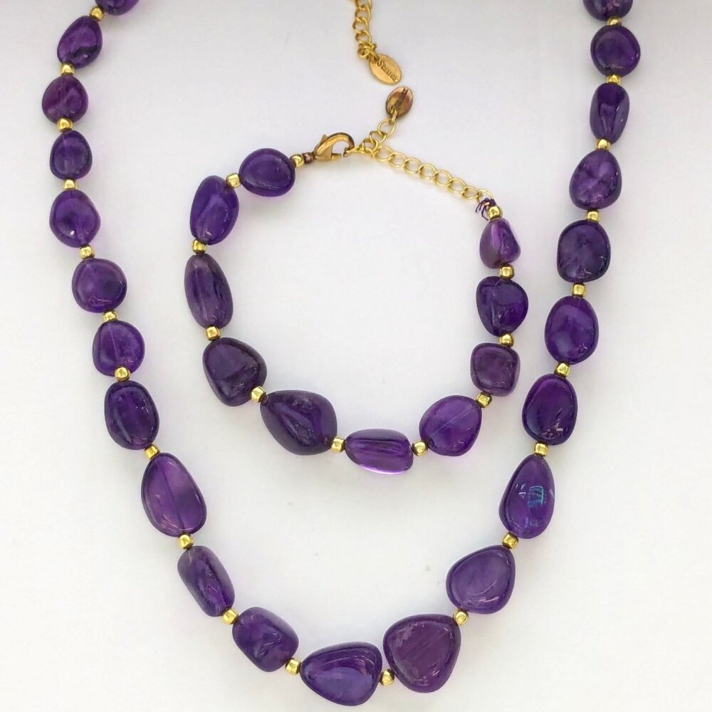 STAUER Genuine Amethyst Stone Beaded Necklace & Bracelet Set